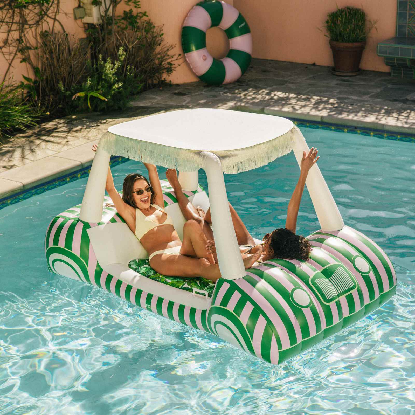 FUNBOY Green & Pink Palm Cabana Golf Cart Pool Float, Removable Shade