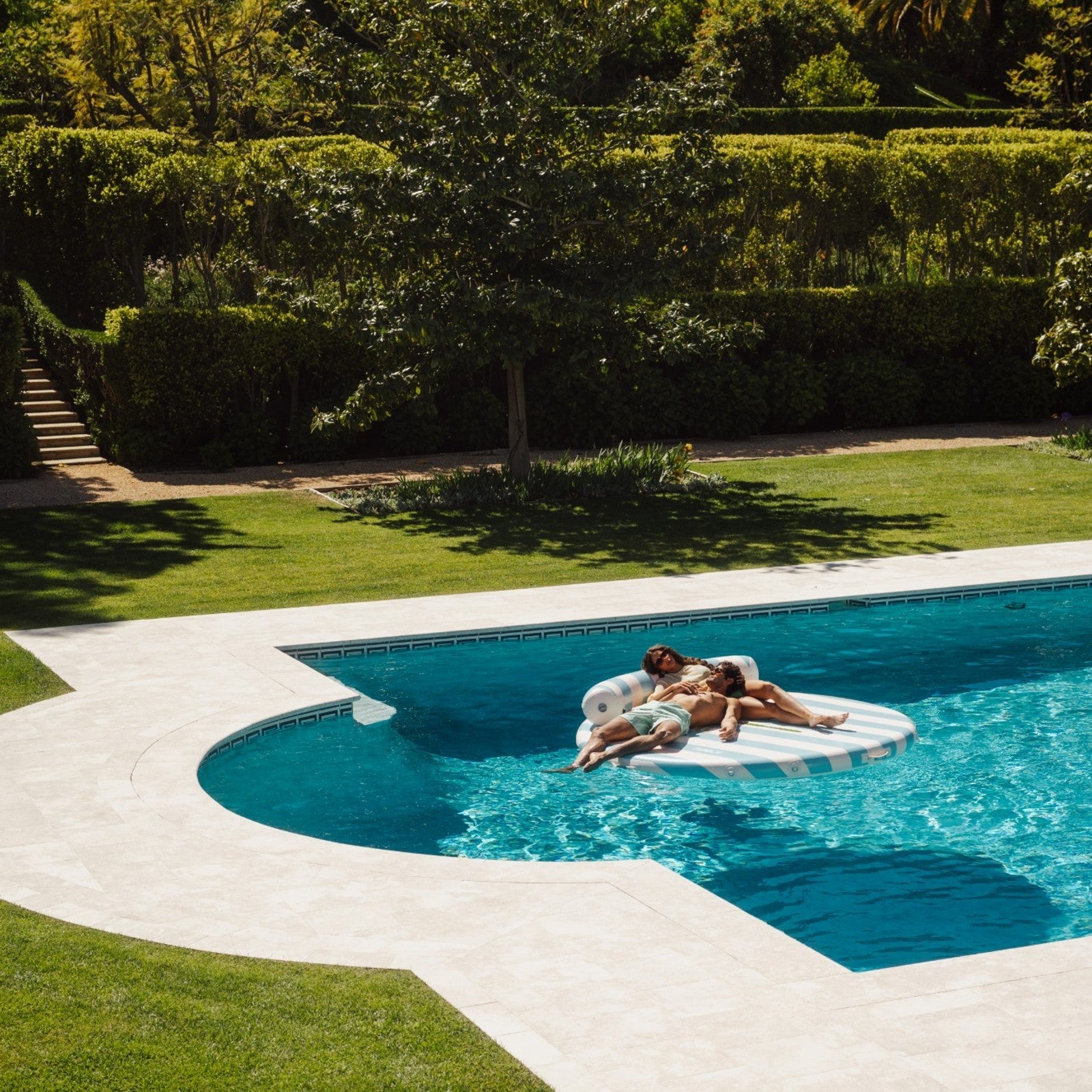 FUNBOY Inflatable Floating Dock: White, Blue Stripes Palm