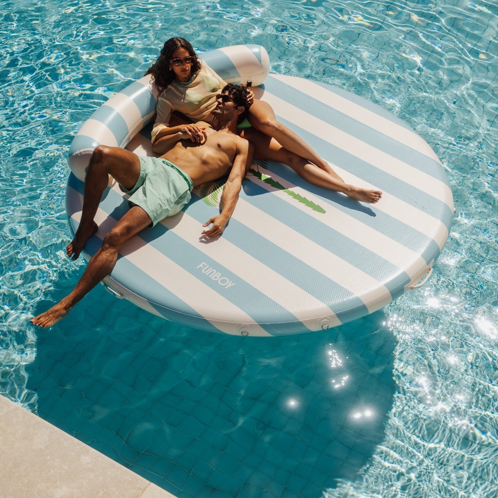 FUNBOY Inflatable Floating Dock: White, Blue Stripes Palm