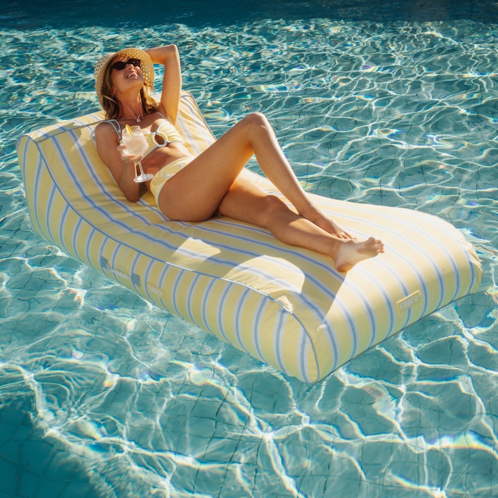 FUNBOY Fabric Covered Pool Float - Yellow, Blue & White Striped Sunbed Lounger