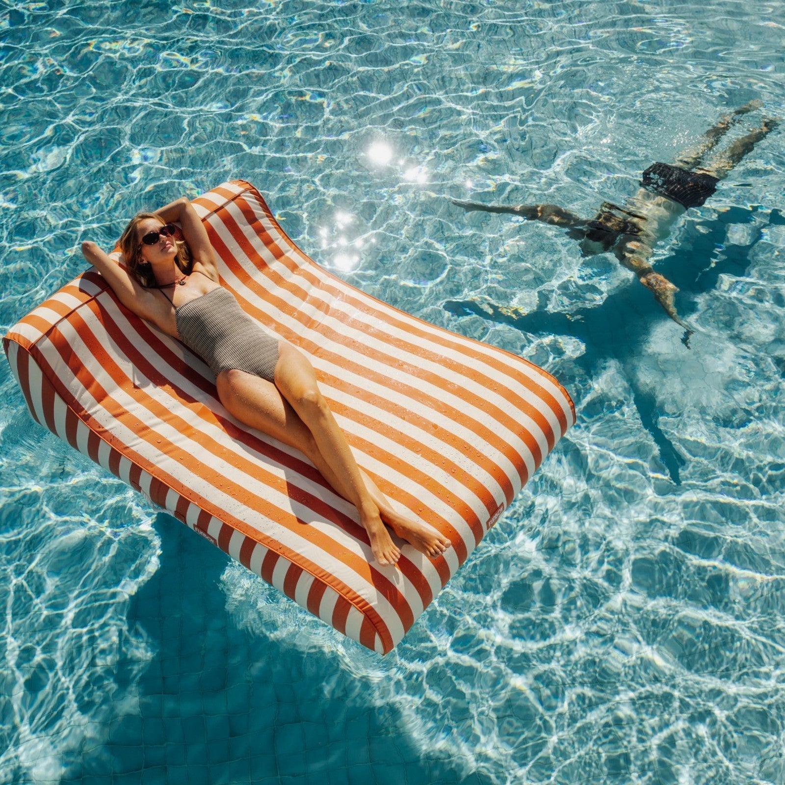 FUNBOY XL Fabric Covered Pool Float Sunbed Lounger - Orange Cabana Stripes