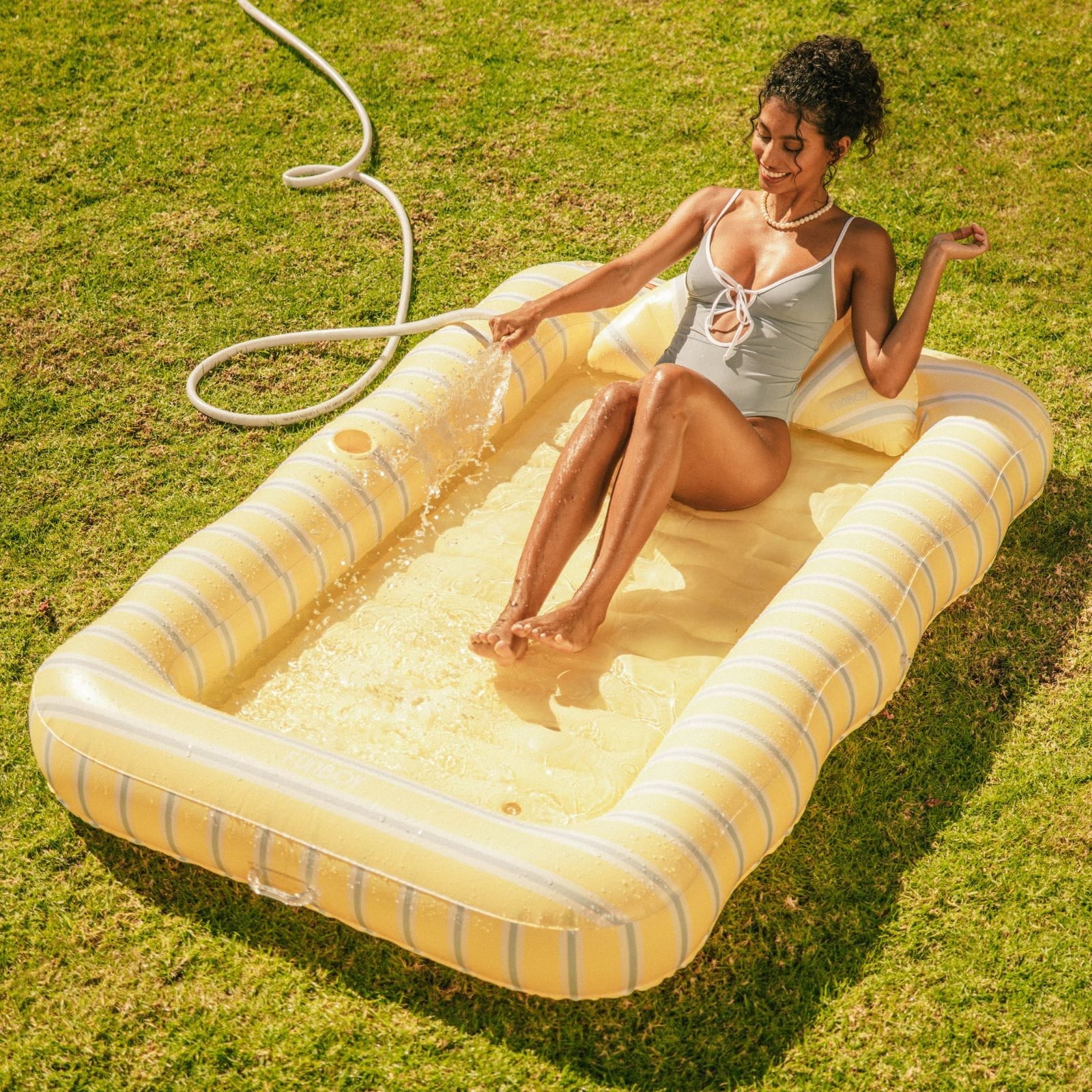 FUNBOY Tanning Pool Lounger: Yellow, White & Blue Stripes