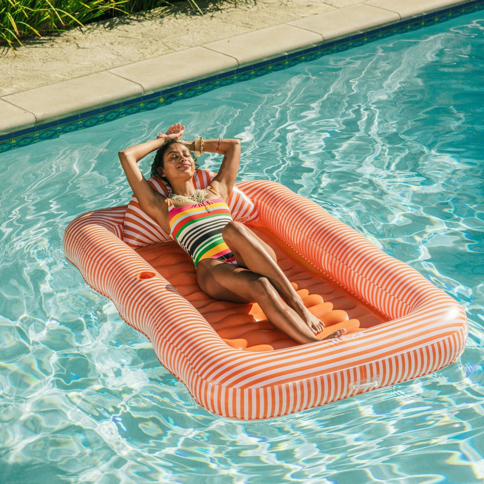 FUNBOY Tanning Pool Lounger: Orange White Stripes