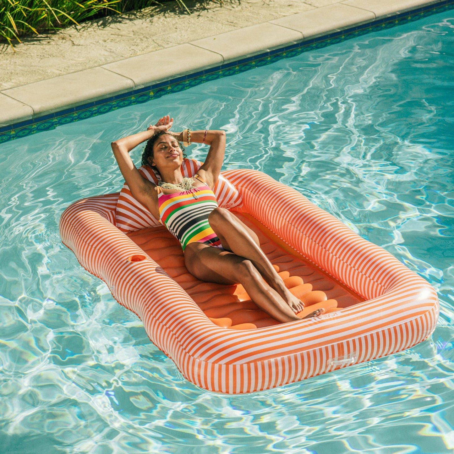 FUNBOY Tanning Pool Lounger: Orange White Stripes