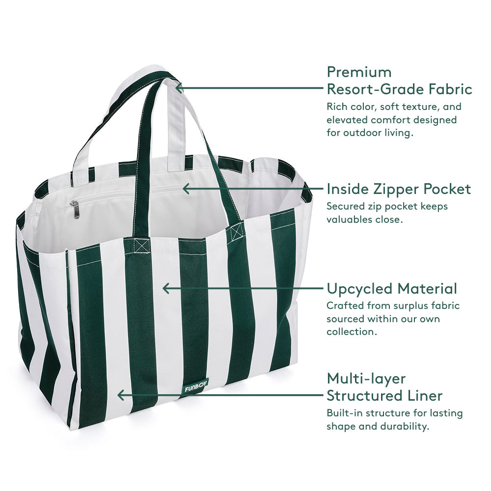 FUNBOY Beach Bag Tote, Green Cabana Stripe