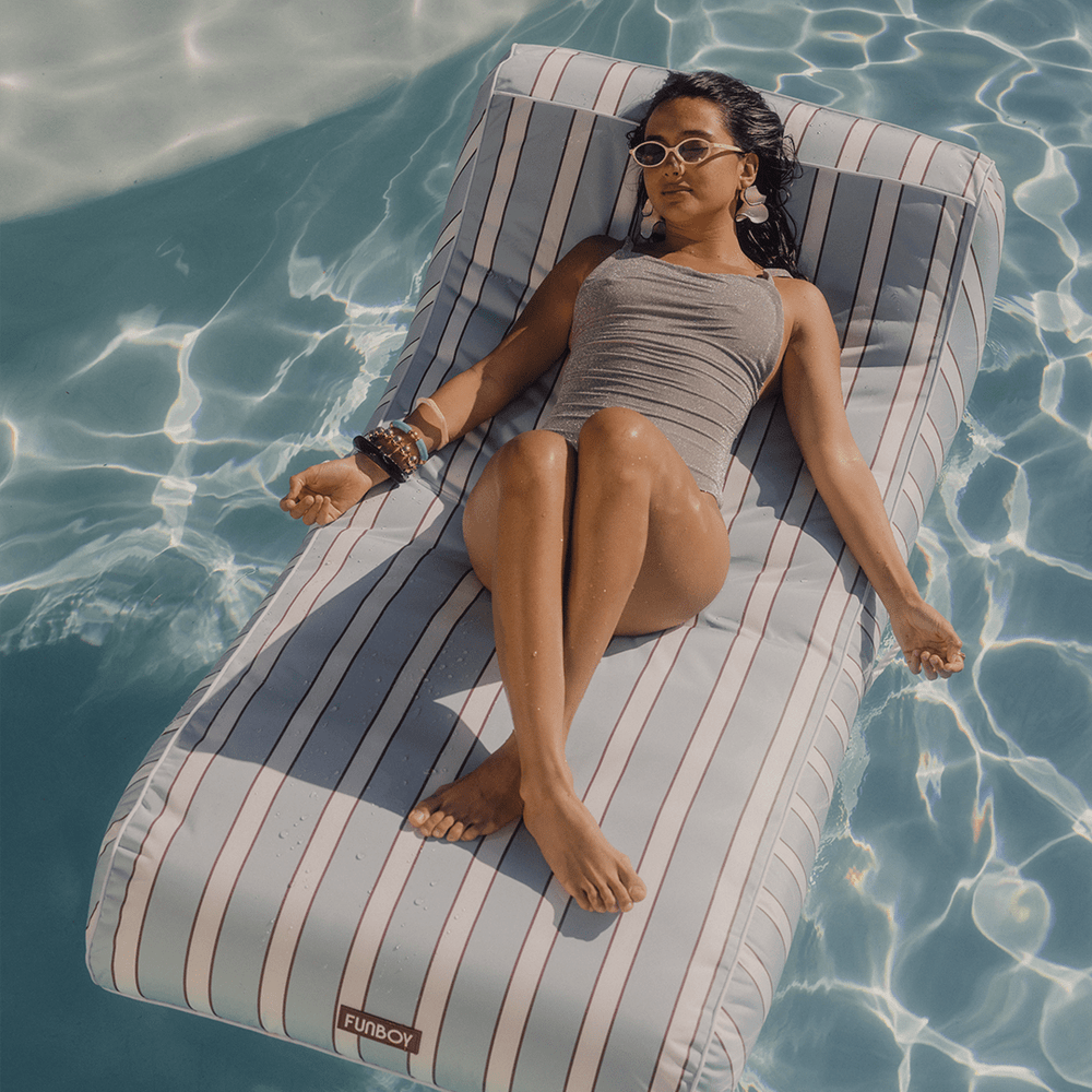 FUNBOY Fabric Covered Pool Float - Blue, White & red Cabana Sunbed Lounger