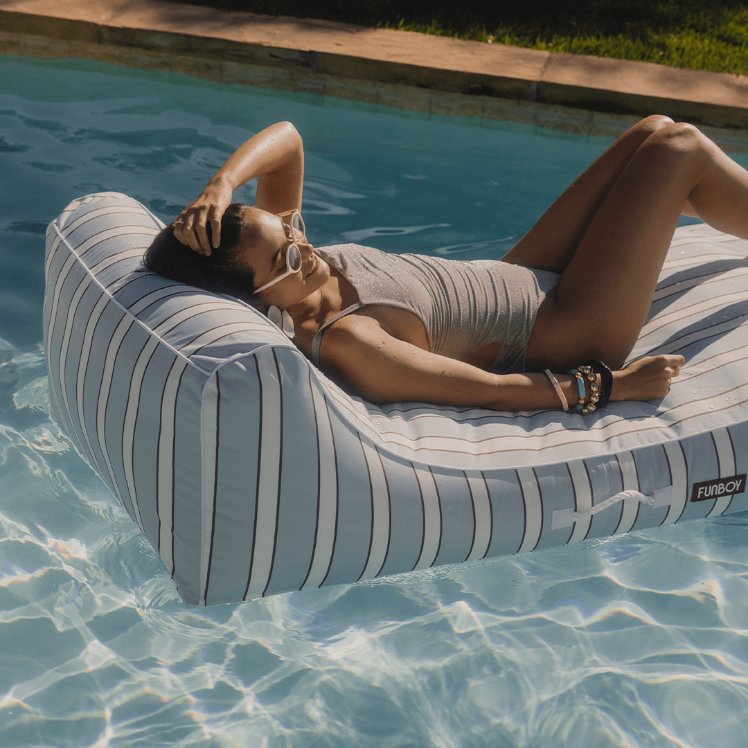 FUNBOY Fabric Covered Pool Float - Blue, White & red Cabana Sunbed Lounger