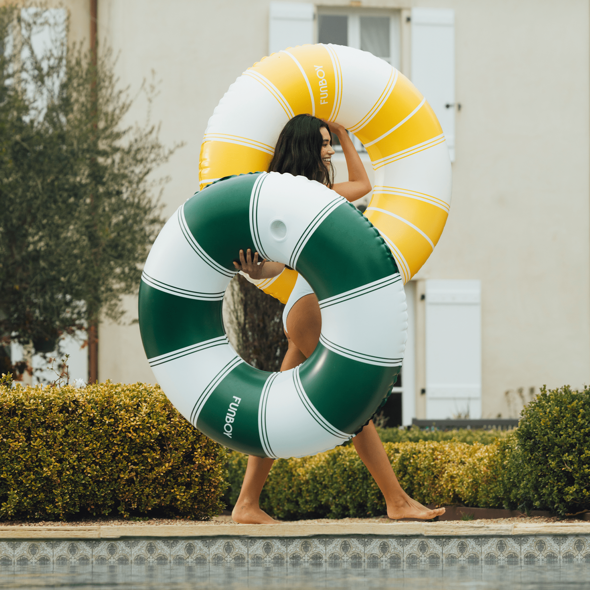 FUNBOY Vintage Green Stripe Inflatable Pool Float with Cup Holder 48"