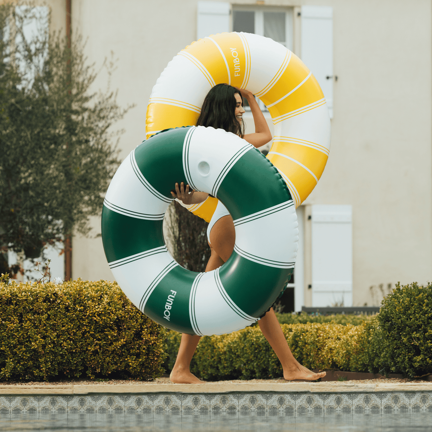 FUNBOY Vintage Green Stripe Inflatable Pool Float with Cup Holder 48"