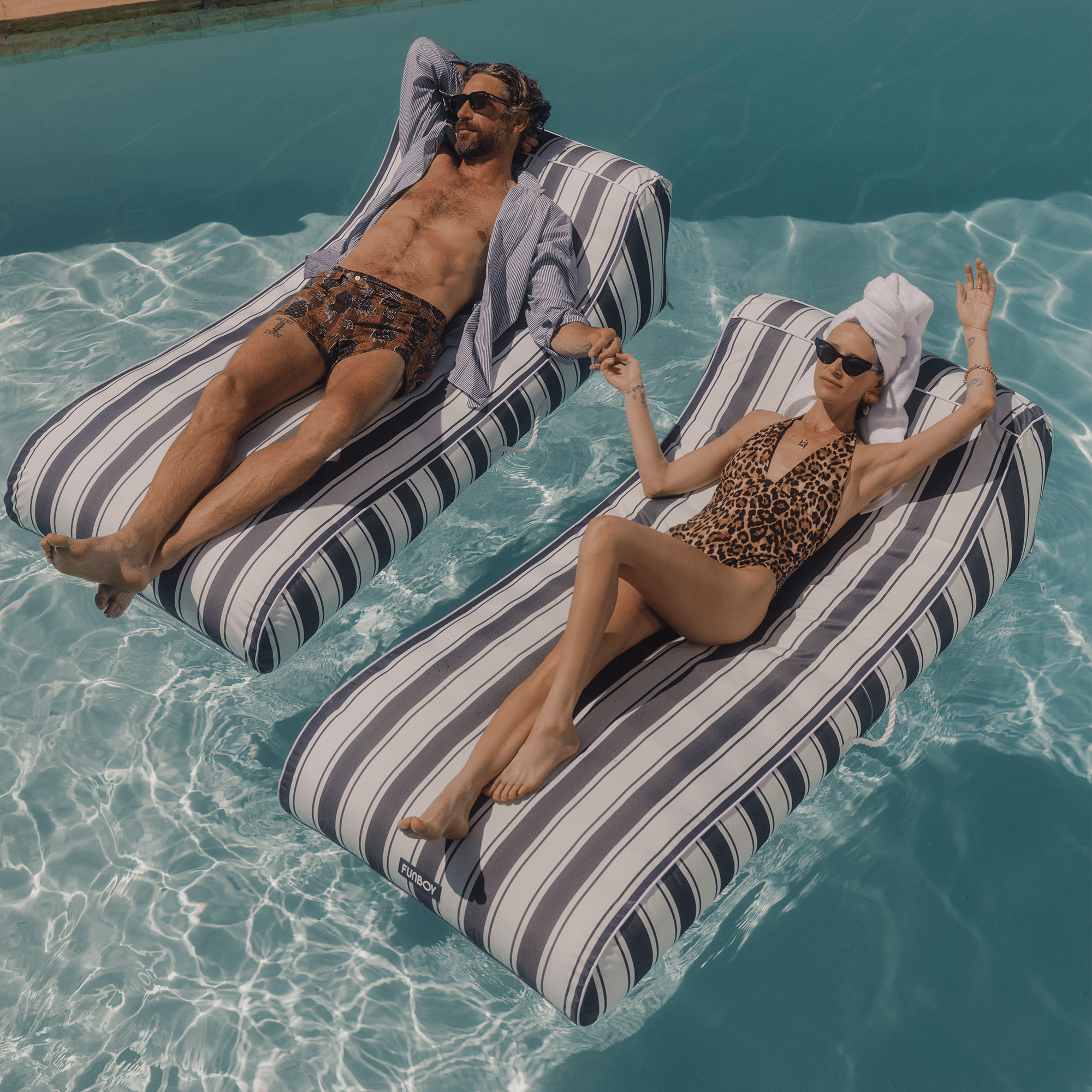 FUNBOY Cabana Navy Stripe Sunbed Lounger 2 Pack Fabric-Covered Pool Floats