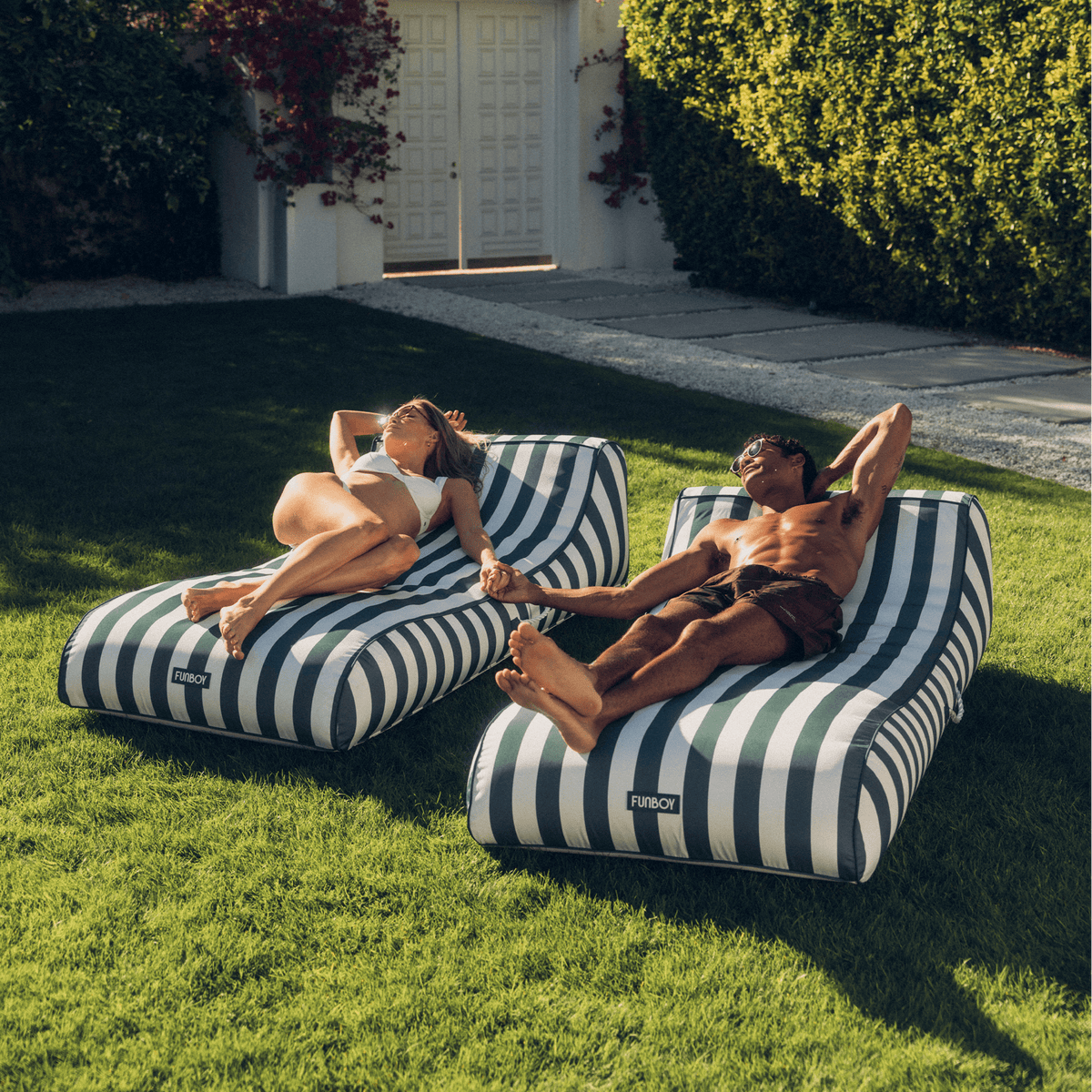 FUNBOY Fabric Covered Sunbed Lounger Pool Float. Green Striped 2 Pack