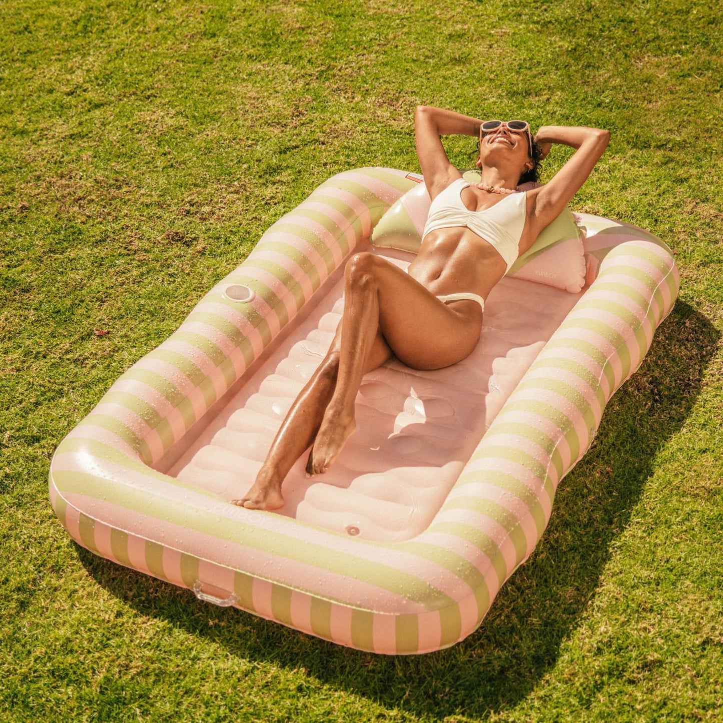 FUNBOY Tanning Pool Lounger: Coral & Blue Stripes